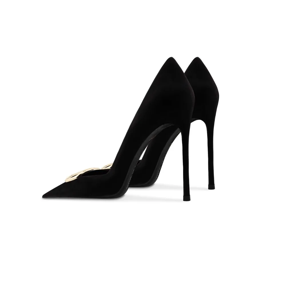 حذاء نسائي من جلد الغزال الأسود بإبزيم بمقدمة مدببة وكعب ستيليتو #3