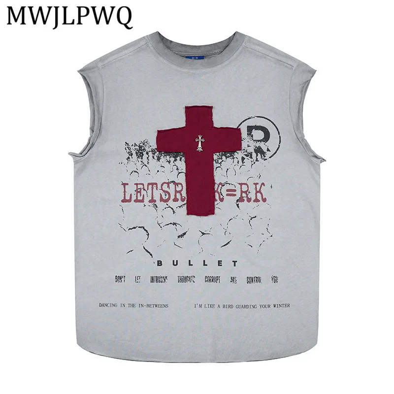 

MWJLPWQ Dark-Style Distressed Printed Wide-Shoulder Tank Top Men's Rough Edges Summer Casual Round-Neck Sleeveless Vest 16408