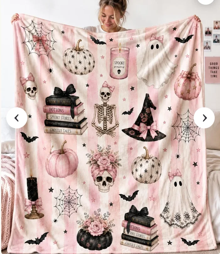 Pink Halloween Blanket, Cute Ghost Throw Blanket, Teen Girl Halloween Gift, College Dorm Blanket Home Decoration
