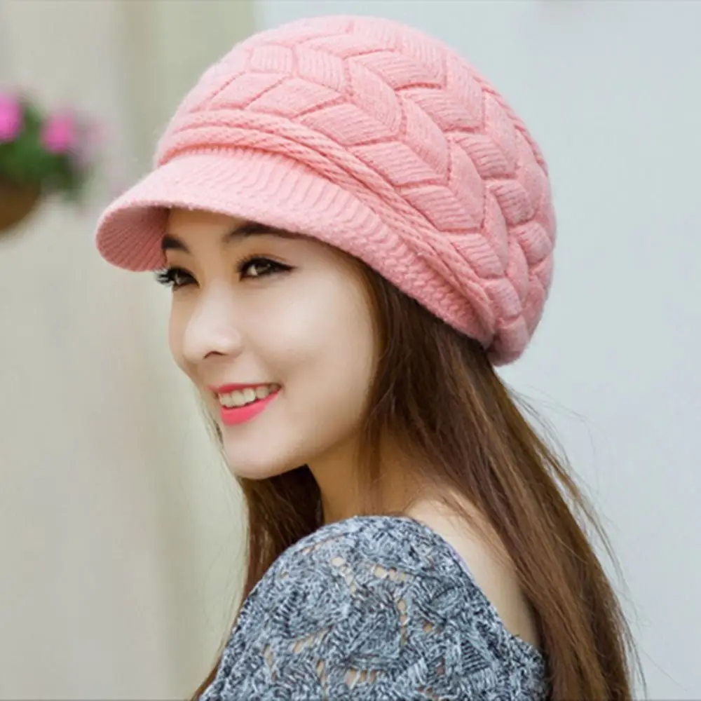 

Thicken Warm Striper Knitted Cap Ear Protection Winter Women Beret Cap Casual Brim Caps Thicken Knit Hat Autumn Winter