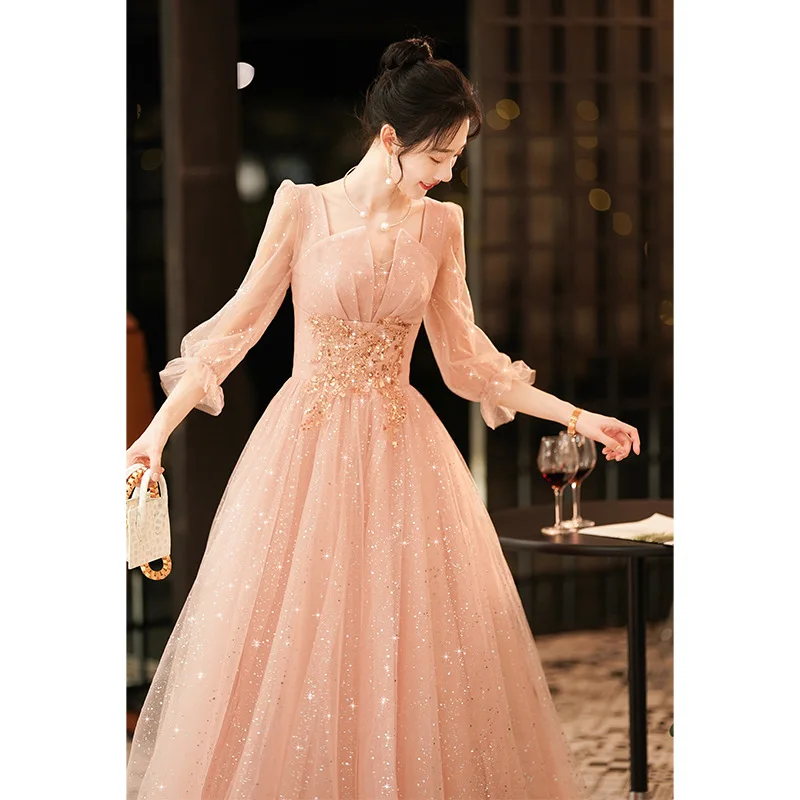 Vestido de noche de banquete de tul rosa para mujer, apliques de lentejuelas, mangas largas, vestidos de regreso a casa, vestido de graduación elegante exquisito