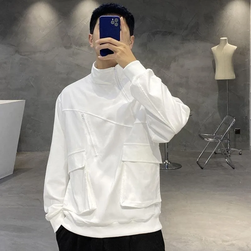 2026 Spring Autumn Men's Half Zip Stand Collar White Loose American Casual Pullover Sweatshirt Jacket