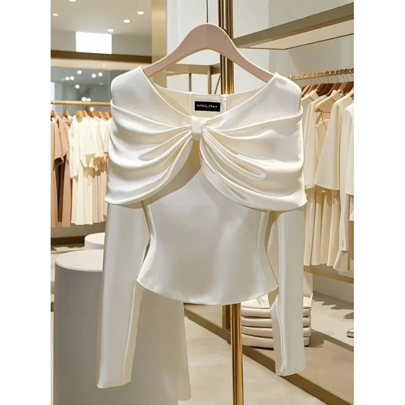 Spring/Autumn French Fashion White Blouse Women Tops Light Luxury High End Unique V-neck Slim Long Sleeve Shirts Women Clothing