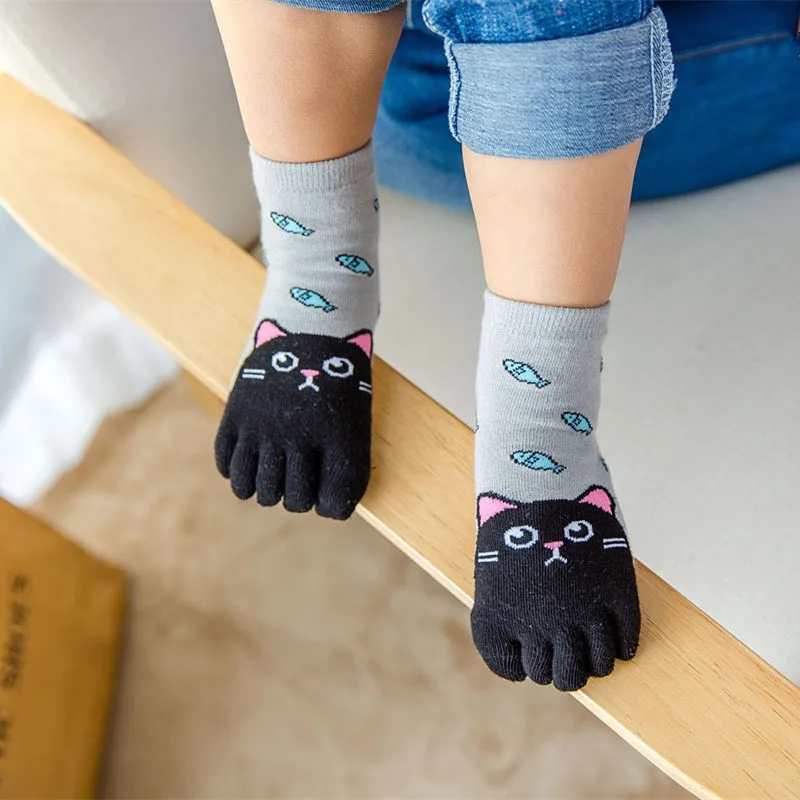 Cute Children Socks Cotton Blend Animal Cat Pattern Boys Girls Socks Toe Socks For Kids Five Finger Sock Winter Fall 2024