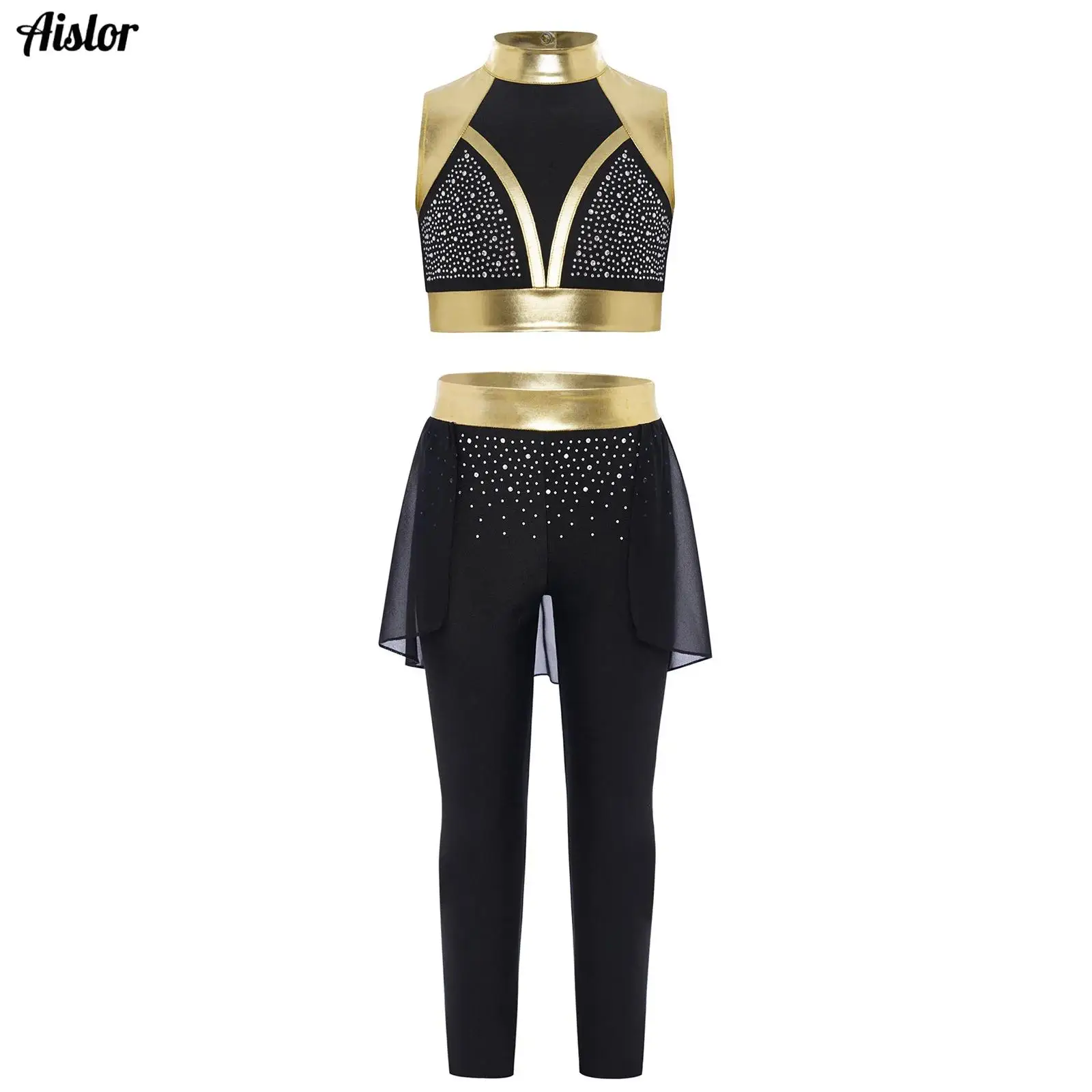 Kids Girls Latin Jazz Dance Costume Sleeveless Shiny Rhinestones Color Block Metallic Tank Crop Top+Pants Set Hip-hop Streetwear
