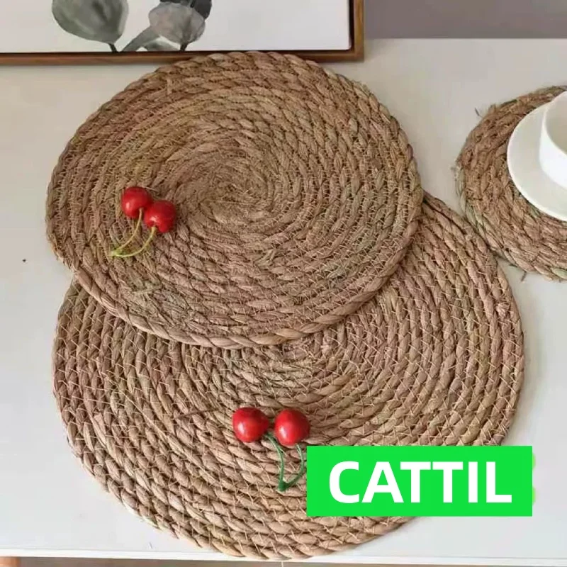 8pcs Set Grass Woven Dining Table Insulation Mat, Restaurant Decoration Coaster, Circular Table Mat