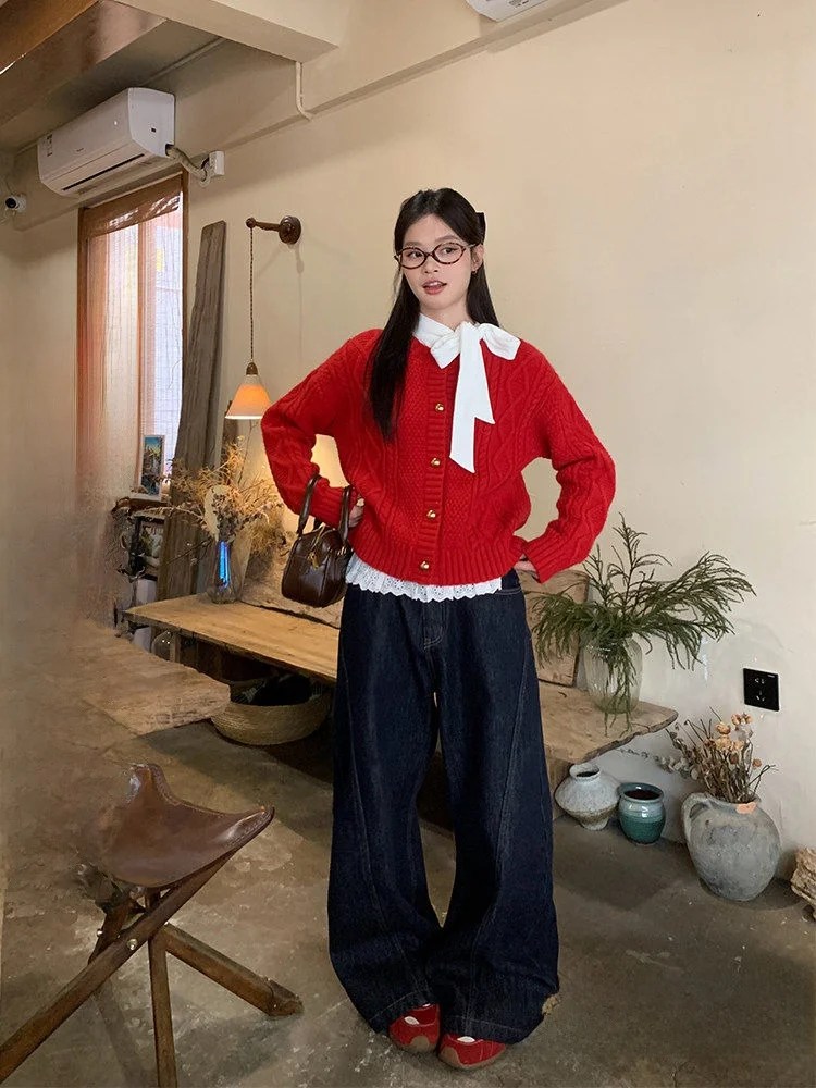 

Темно-синие прямые широкие брюки с высокой талией, свободные джинсы длиной до пола, женские повседневные зимние брюки на подкладке