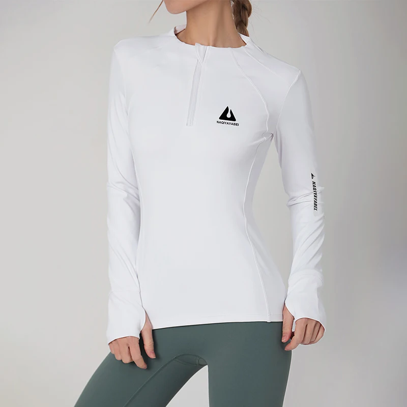 Abrigo deportivo de cuello redondo para mujer, top ajustado de fitness para correr, manga larga, secado rápido, cremallera delgada, ropa de yoga,