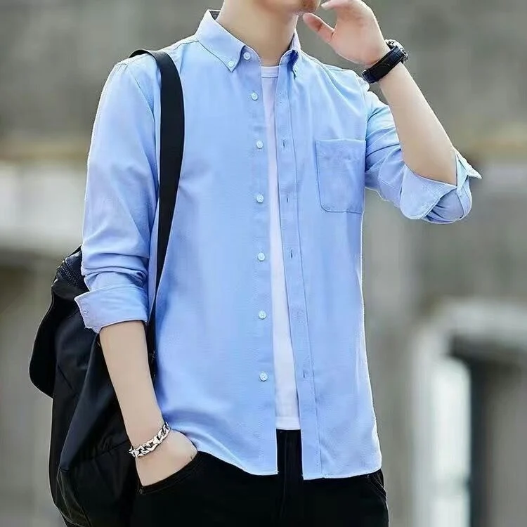 Spring Autumn Men's Oxford Cloth Shirt Casual Long Sleeve Workwear Large Size Jacket Top Trendy Polyester Fiber Youth Style