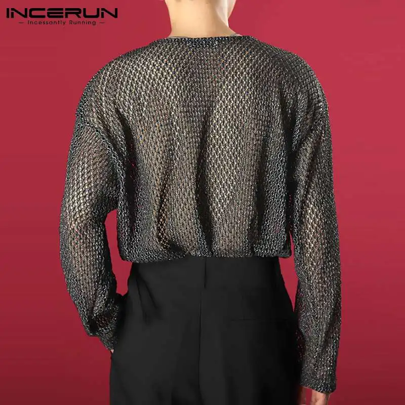 إنسيرون-تي شيرت شبكي مجوف للرجال ، بأكمام طويلة ، كتف فضفاض ، كاجوال ، توبات مثيرة للذكور ، على الطراز الكوري ، * * #4