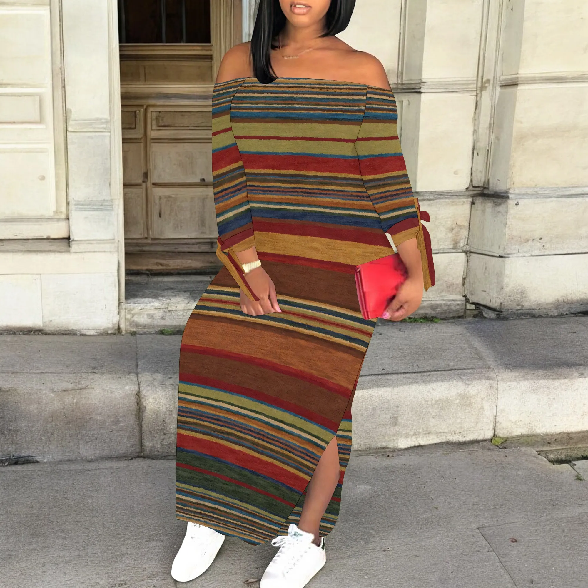 

Women's Striped Off Shoulder Maxi Dress 3/4 Sleeve Multicolor Slit Casual Party