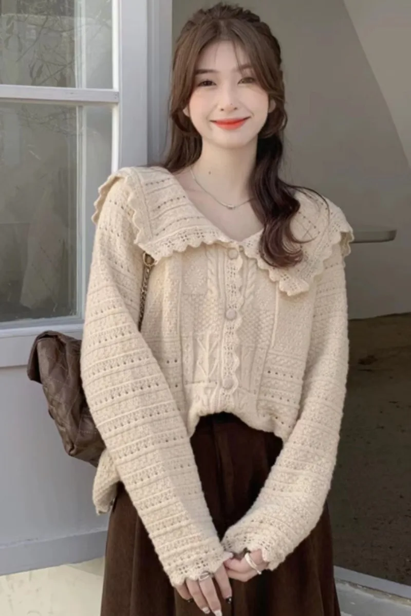 人形の襟付きの女性用ニットカーディガン,ゆったりとした長袖,シングルブレストのセーター,婦人服,女の子のファッション,秋