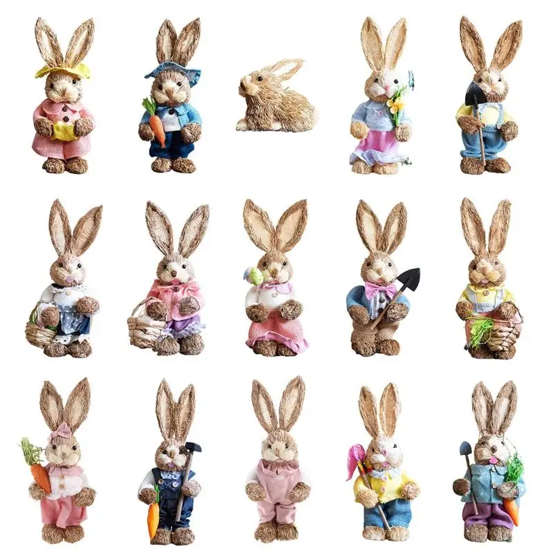 Q6PE Straw Rabbit Bunny Easter Decorations Holiday Home Garden Wedding Ornament Photo Props Crafts