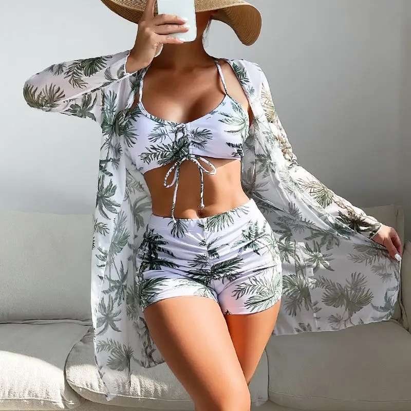 Cikini-Three-Piece Split Swimsuit for Women, High Waist Bikinis Set, Long Sleeve Blouse, Drawstring Swimwear, 2022