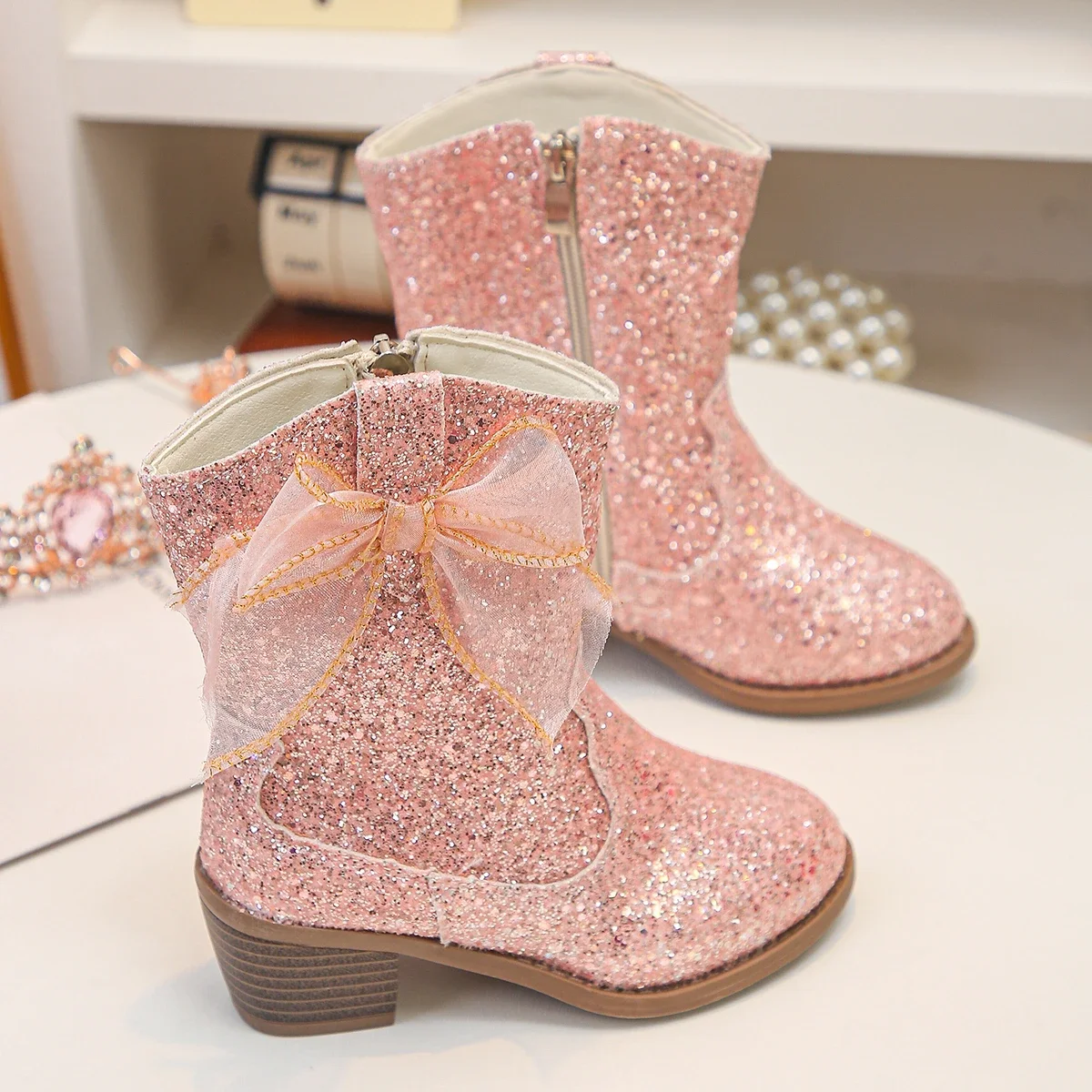 Pink Blue Glitter Western Knee High Boots Kid Girl Side Zip Cowboy Long Booties Child Low Heel Round Toe Big Silk  Bowknot Botas