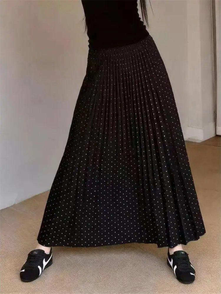 Black High Waist A-Line Polka Dot Skirt Women's Spring Summer plus Size Elegant Full Skirt Brand Polyester Fiber Gathered