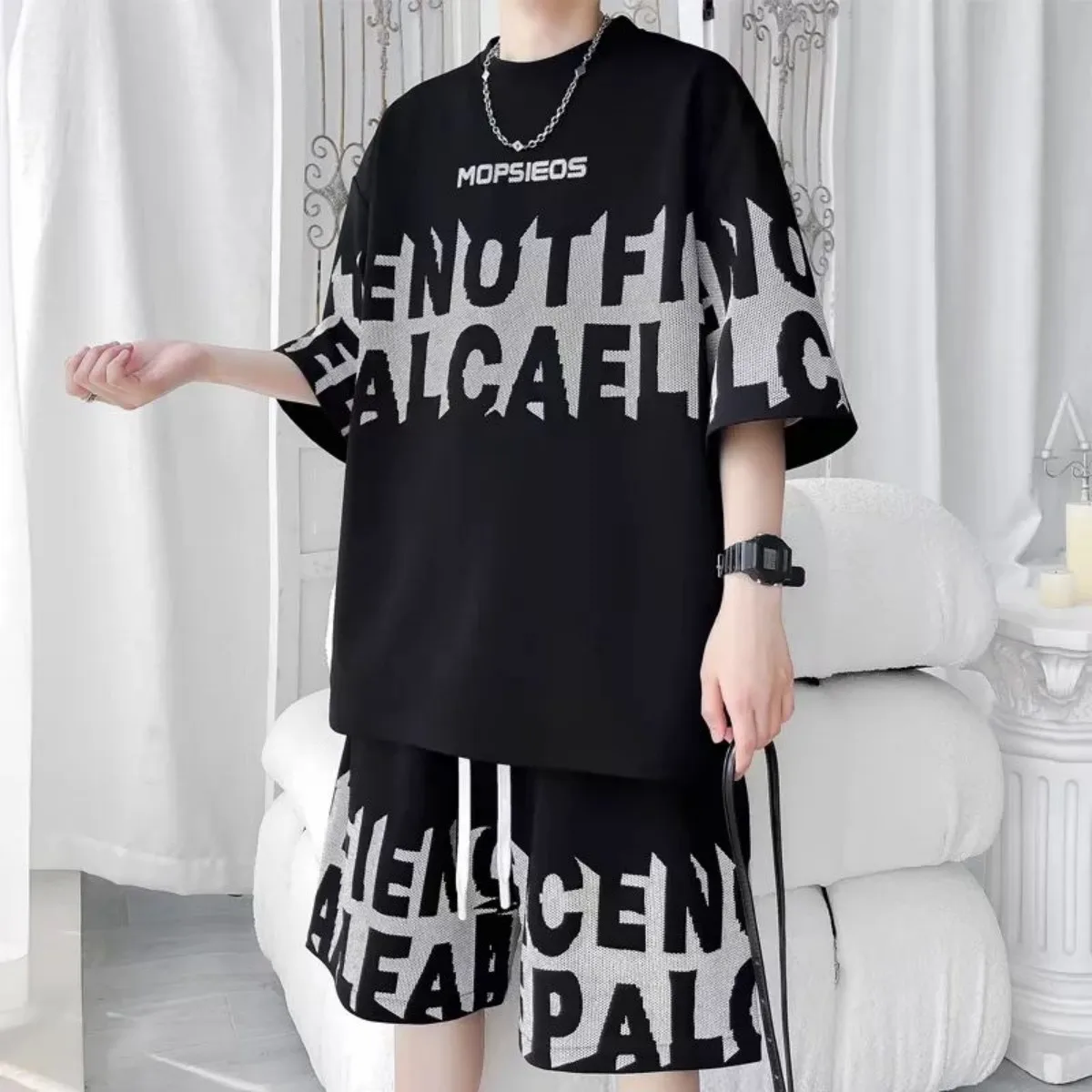 Men's fashion personality letter printed short sleeved shorts two-piece set outdoor sports breathable T-shirt set