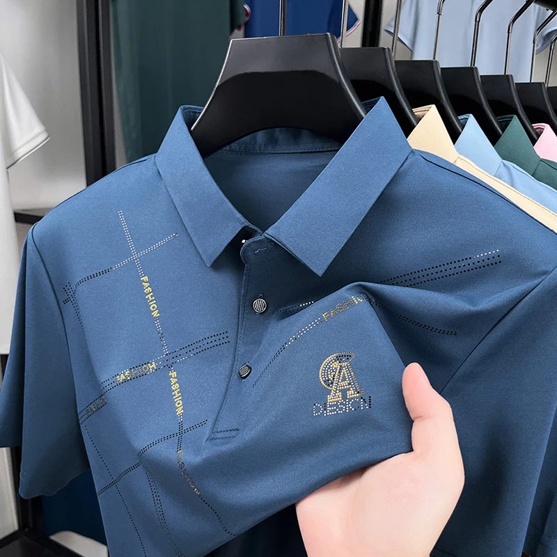 

Summer New Ice Silk Short Sleeved T-shirt Men's Collar Middle-aged Dad Outfit Summer Half Sleeved Loose Casual Polo Shirt
