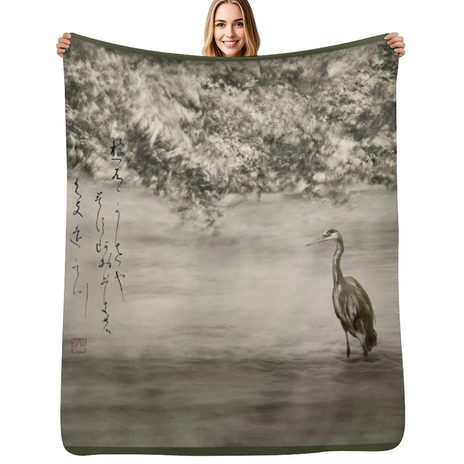 

Pond and Heron Poetry Haiga - Haiku yuu kaze ya Плед для дивана, всепогодный, мягкий, для использования на открытом воздухе