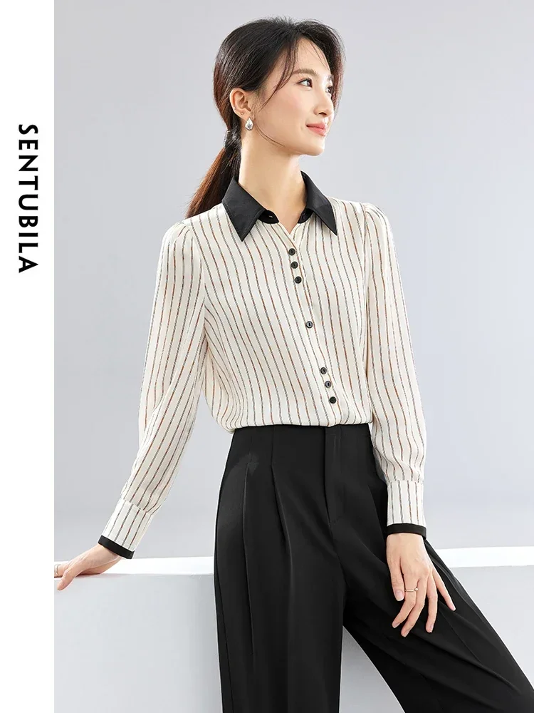 SENTUBILA Two Piece Women Sets Striped Casual Shirt Black Dress Pants 2024 Spring Autumm Commute Business Outfits 141Z53065