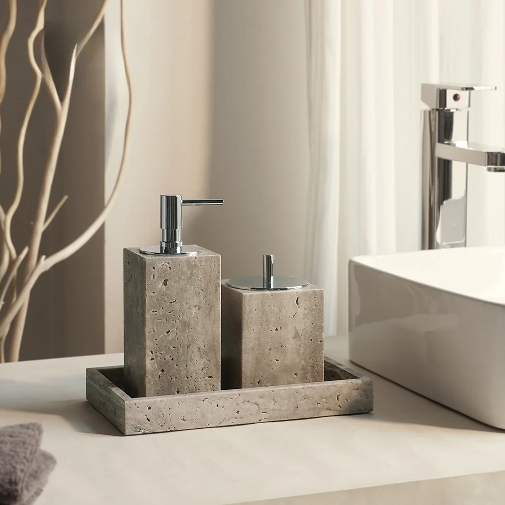 SAIDKOCC مجموعات متعددة فضي رمادي حجر الترافرتين الطبيعة الرخام فارغة مجموعة أدوات الحمام Wabi Sabi Amenities Kit