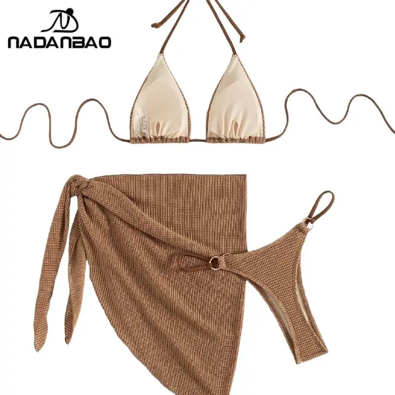 Nadanbao Set bikini marrone sexy moda bikini a triangolo halter 3 pezzi tinta unita scollo a V costume da bagno casual da spiaggia abbigliamento da donna