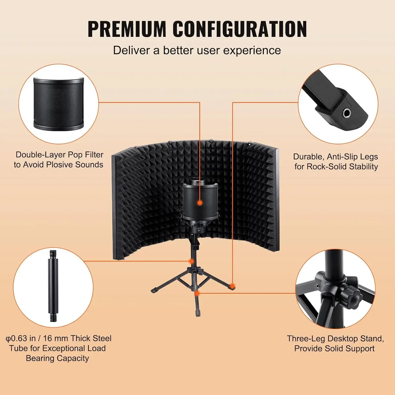 Pelindung Isolasi Mikrofon, 5 Panel, Pelindung Suara Mikrofon Perekaman Studio, dengan Dudukan Tripod Desktop Filter Pop dan 3/8''