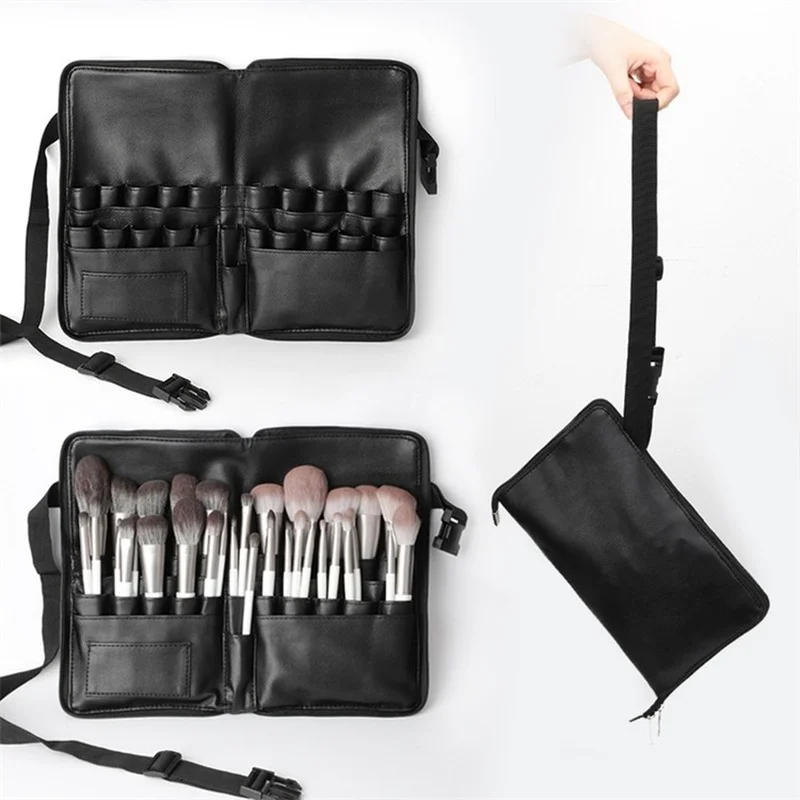 Multi-function Large Capacity Black PU Cosmetic Bag Waist Bag Makeup Brush Bag with Belt for Professional Makeup Artist