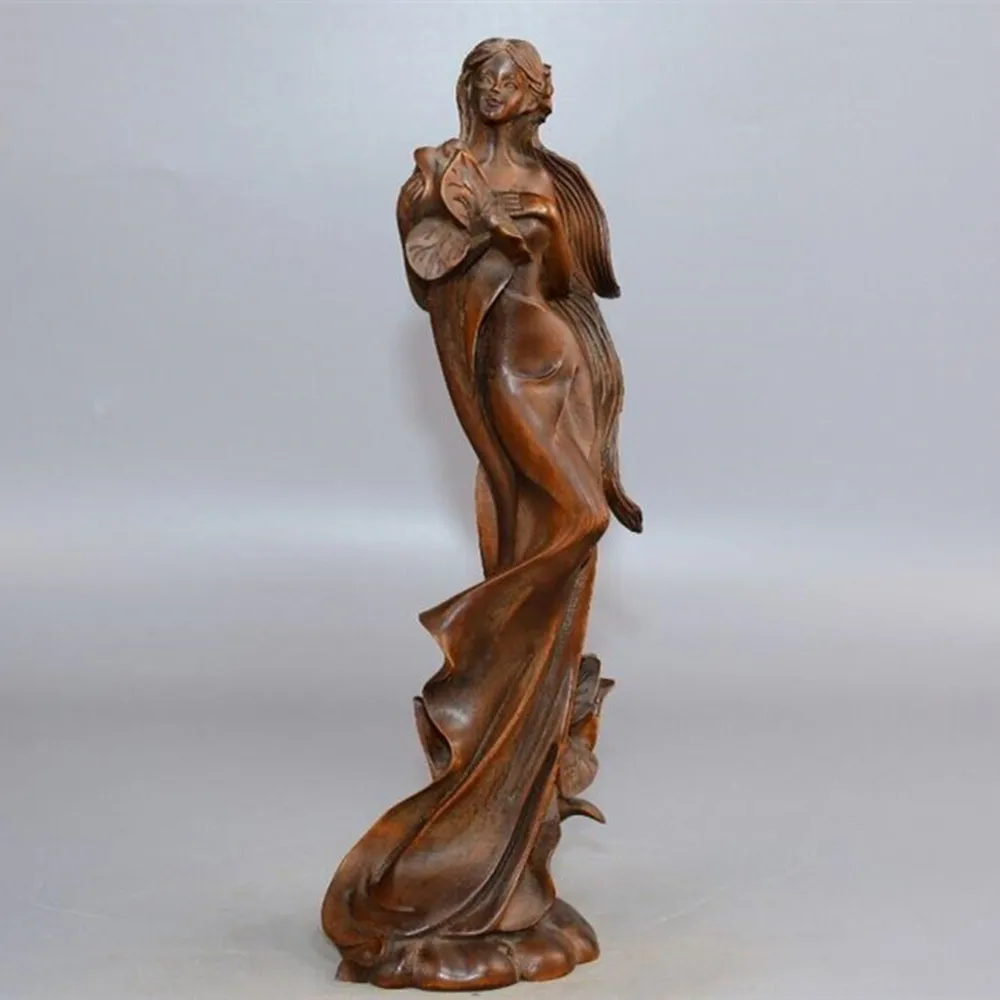 Chinese Antique Boxwood Carved Beautiful Woman Statue Sexy Sculpture Home Decor