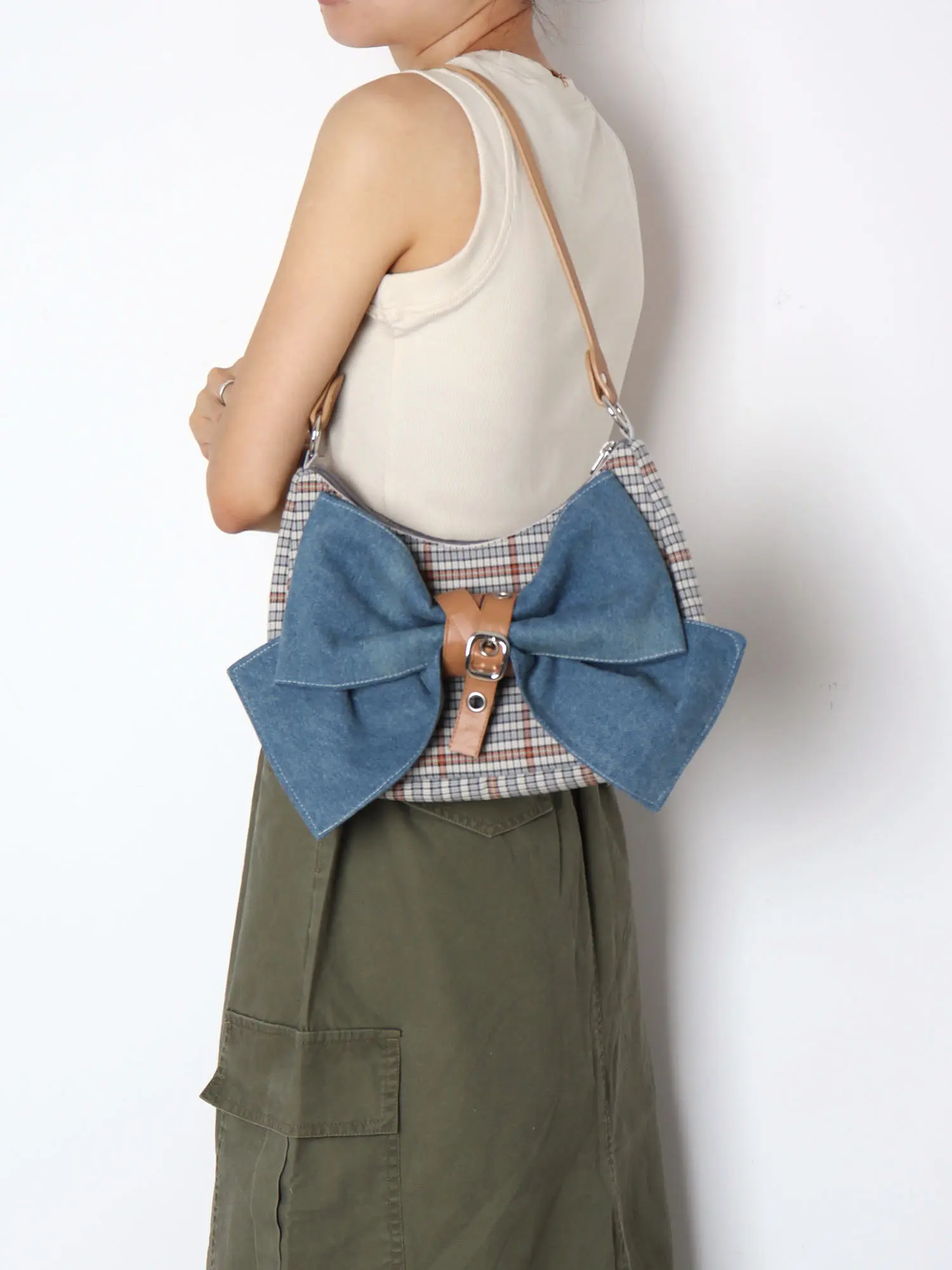 Original Plaid Denim Bow Underarm Bag Early Autumn Retro Sweet Cool Girl Out of The Street Cute Shoulder Messenger Bag for Women