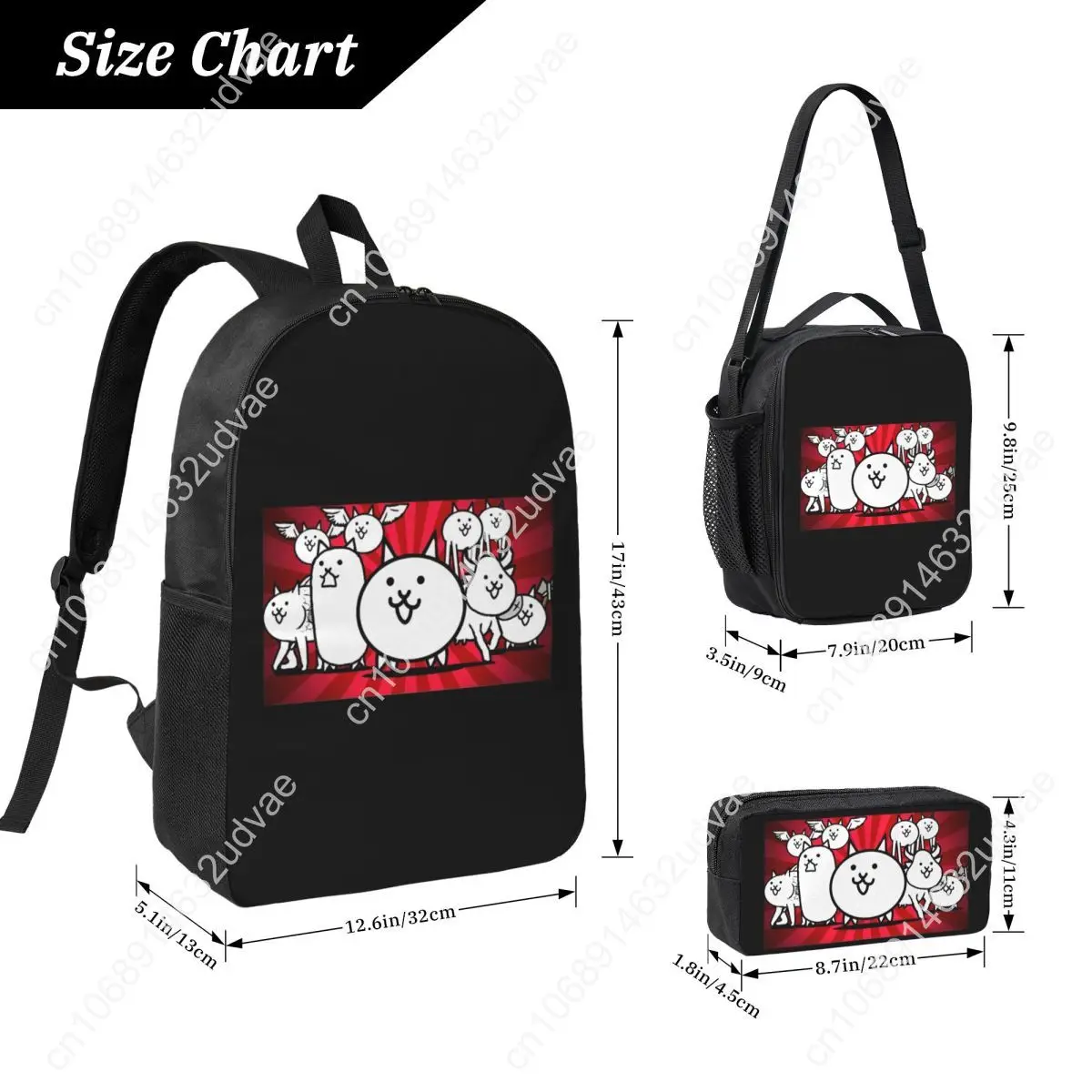 Nyanko Great War Battle Cats Backpack Boys Girls BookBag School Bag Computer Shoulder Bags 3ps Insulated Lunch Bag Pencil Case