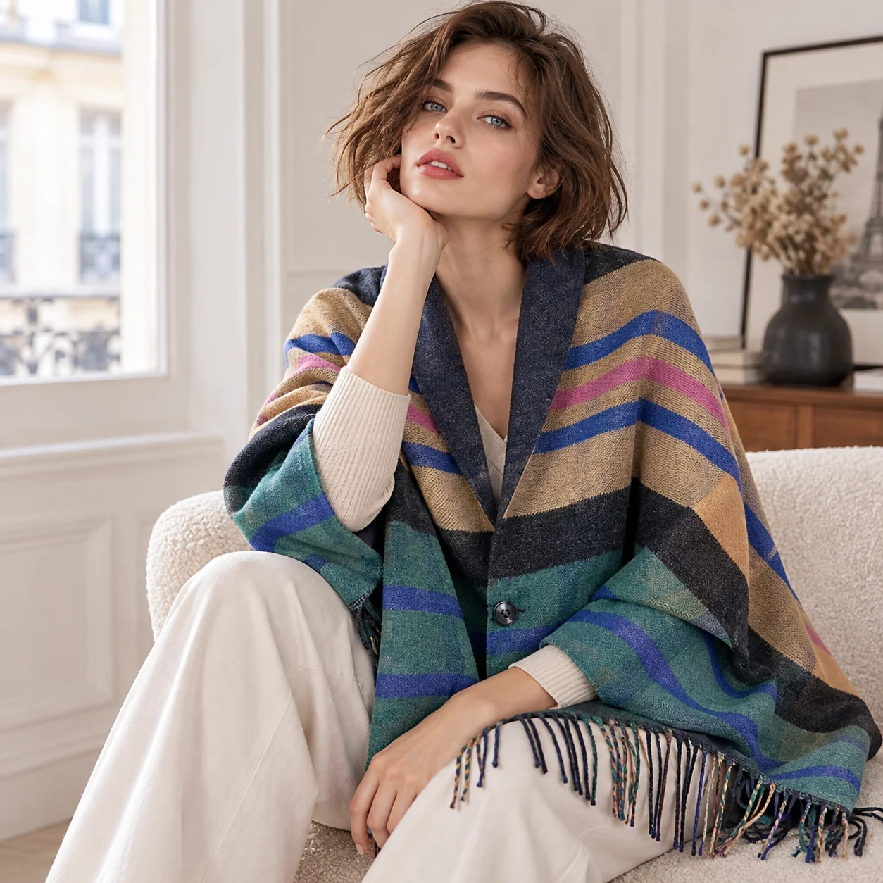 Women Reversible Plaid Shawl Poncho Warm Fringed Cape Scarf Button Wrap Soft Cozy Autumn Winter Fashion Casual Chic Outerwear