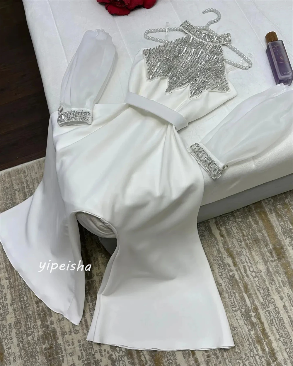 Personalizado jiayigong jérsei lantejoulas faixas ruched a linha fora do ombro sob medida ocasião vestido midi vestidos arábia saudita