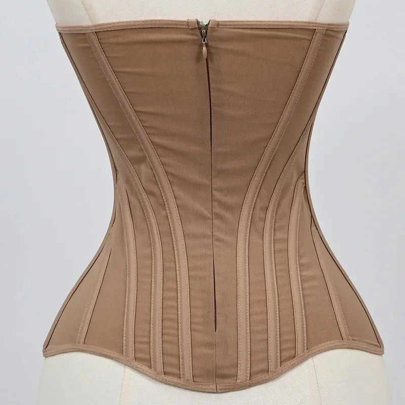 XXS Lightweight Luxury Elegant Long Torso Nude Beige Strapless Mesh Overbust Corset Bustier Top With Zipper Boned Curve Women view 4