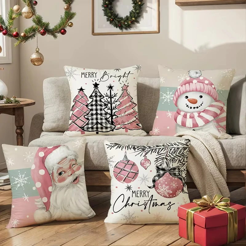 Pink Christmas Cushion Cover Pillowcase - 2025 New Christmas Decorations, Home Ornament for Xmas & New Year