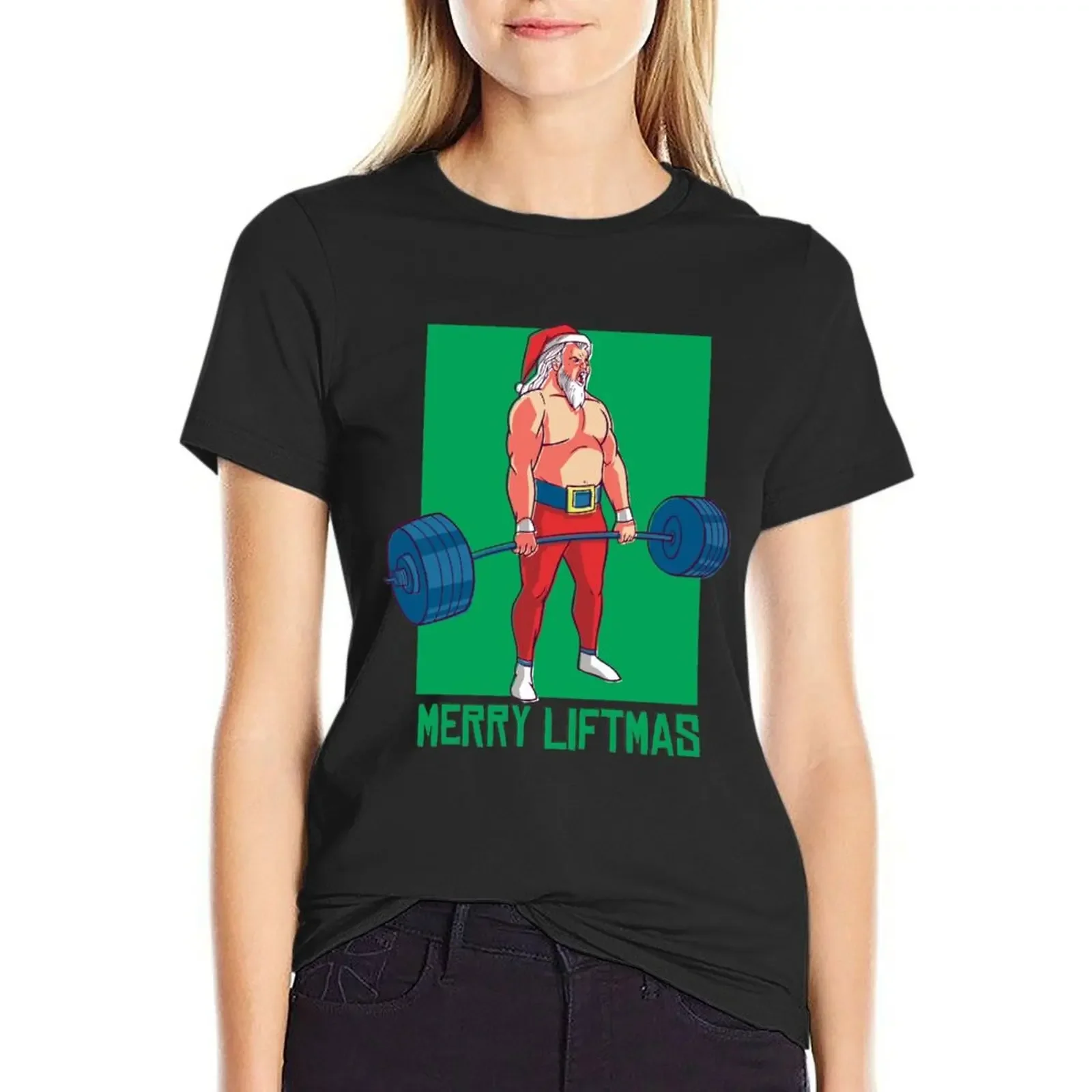 

Merry Liftmas Santa Claus Fitness. T-Shirt customizeds summer clothes Short sleeve tee tops cat shirts for Women