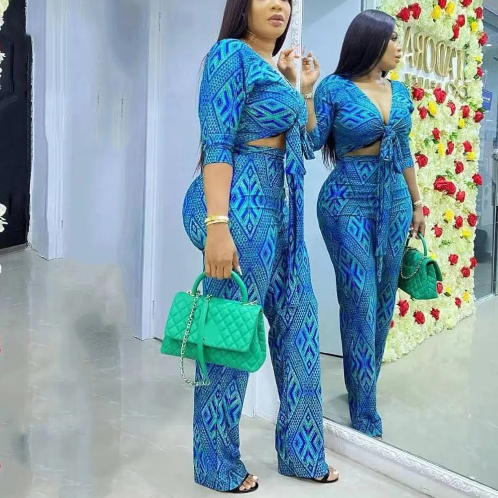 African Ladies Fashion Pants Sets Blue Geometric Printed Blouse & Long Trousers Elegant Evening Night Party Dinner Matching Sets