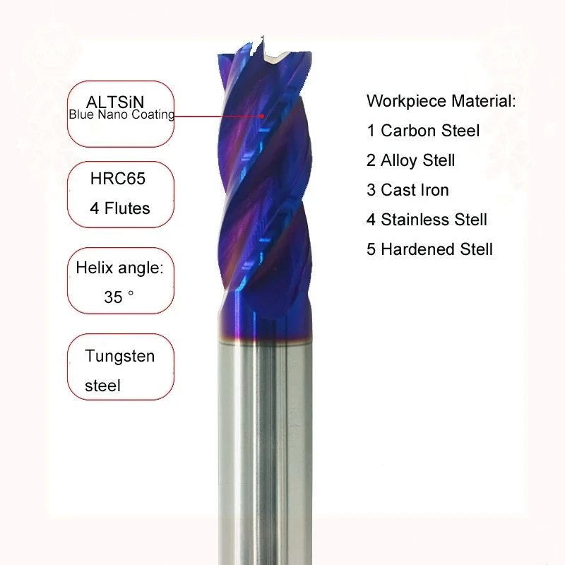 

10PCS 4 Flutes HRC65 Blue Nano Tungsten Steel Square Milling Cutter Router Bit For Carbon Steel Alloy Steel Stainless
