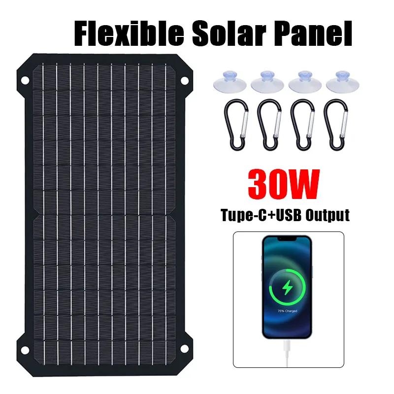 

30W Solar Panel Charger with Voltage and Current Display USB/Type-C Output for Camping Outdoor Mobile Phone Tablet Camera Fans