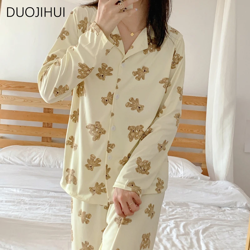 DUOJIHUI-Conjuntos de pijama solto para mulheres, cardigã de manga comprida, estampa chique, calcinha simples, moda casual, doce e elegante, primavera