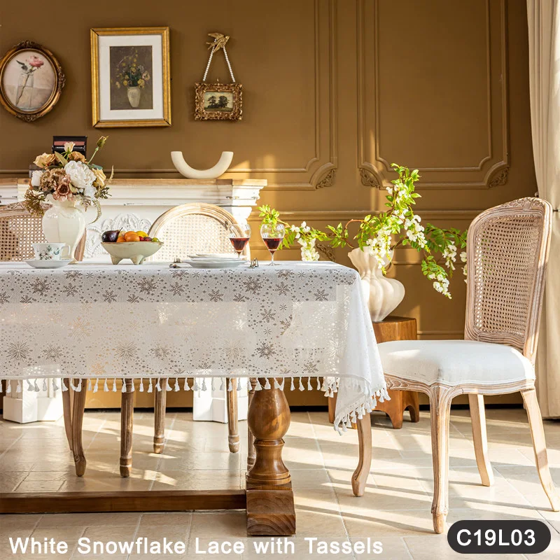 

French Romantic Lace Table Tablecloth with Fringe, White Openwork Floral Leaf and Snowflake Design for Wedding Party Decor