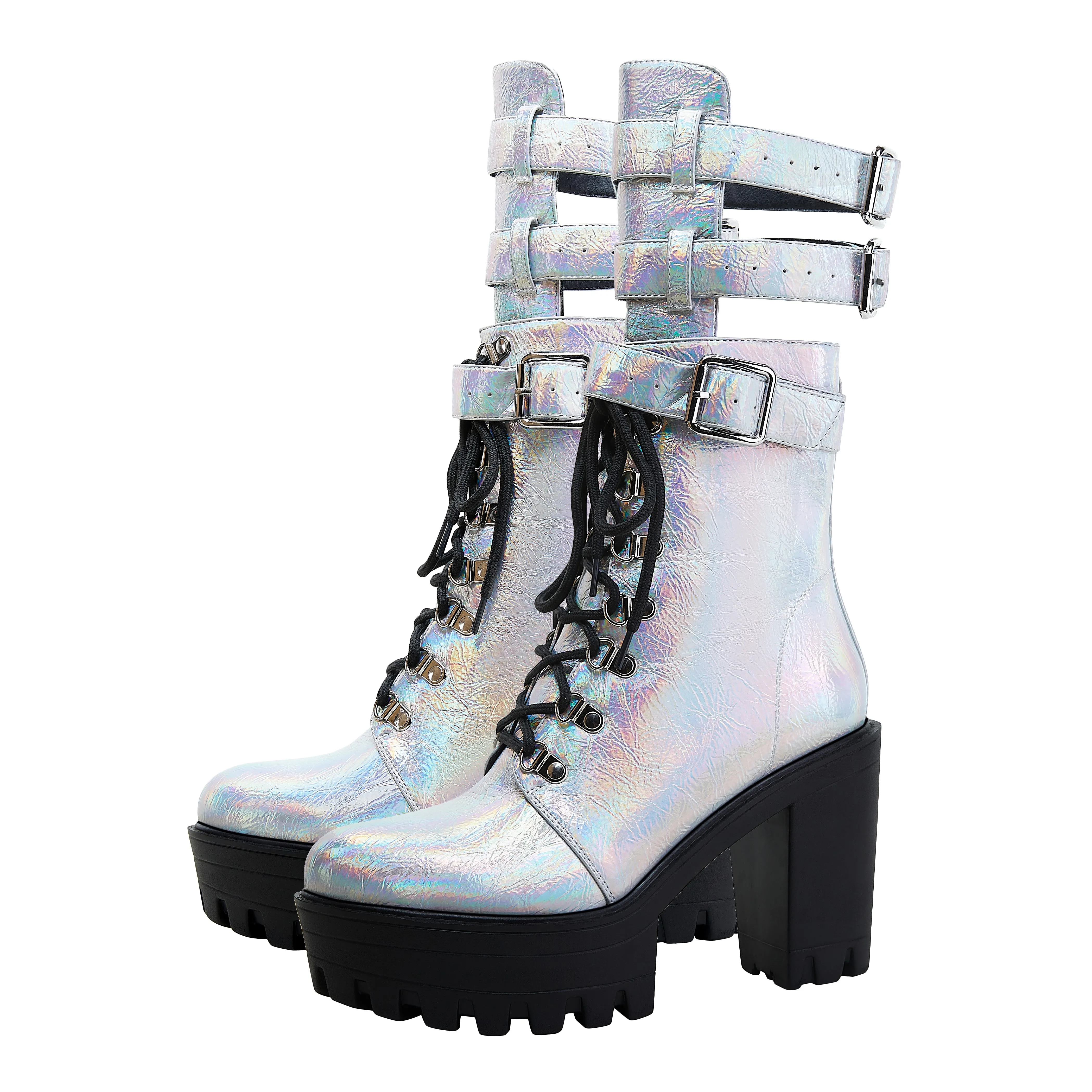 

Punk Style Metal Belt Buckle High Heels Single Shoes Pointed Head Square Heel Locomotive Boots High Heels Sexy Women's Boots