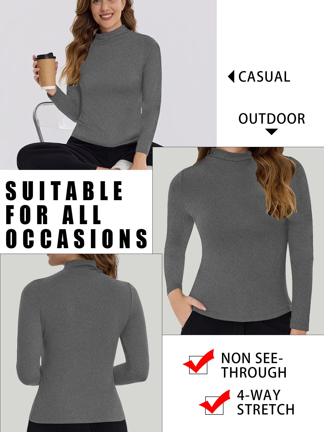 Top da yoga da corsa per allenamento da donna, maglietta a maniche lunghe con collo alto, abbigliamento casual in tinta unita super morbido ed elastico