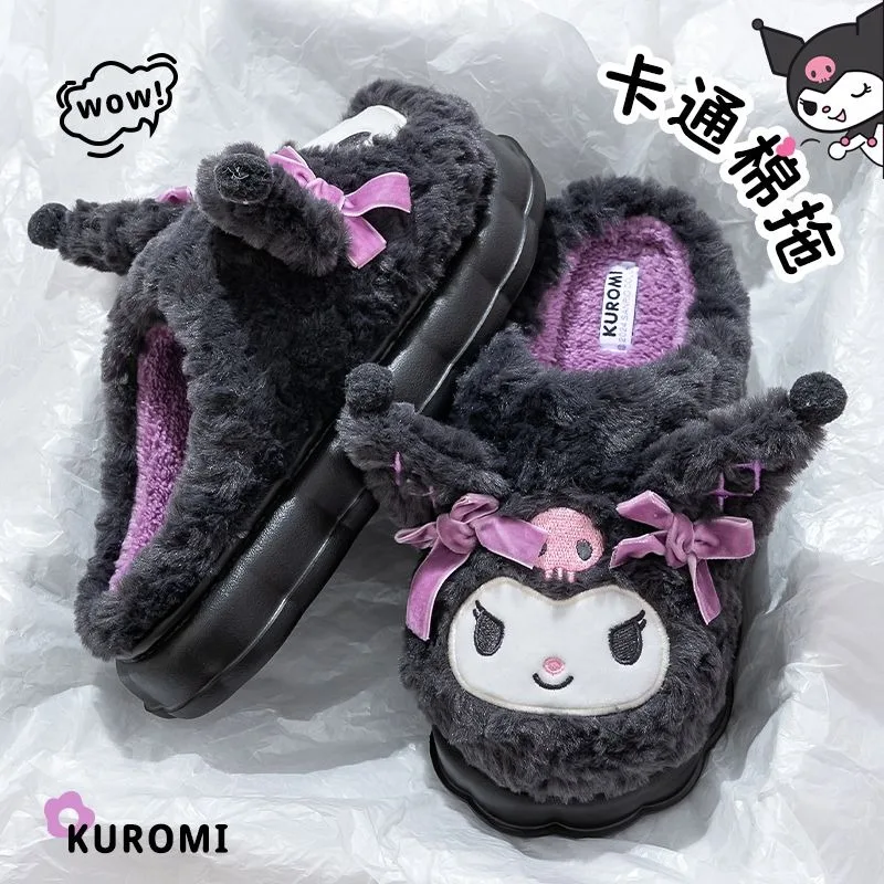 Kuromi Cartoon Plush Slippers for Parents Children Thick Soled Warm House Shoes Purple-black Winter Bedroom Cute Fluffy Slippers