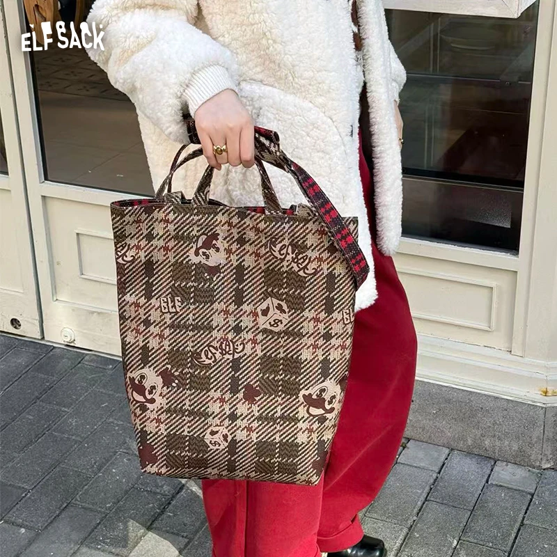 

ELFSACK Y2K Casual Plaid Double Sided Cartoon Print Crossbody Bag For Women