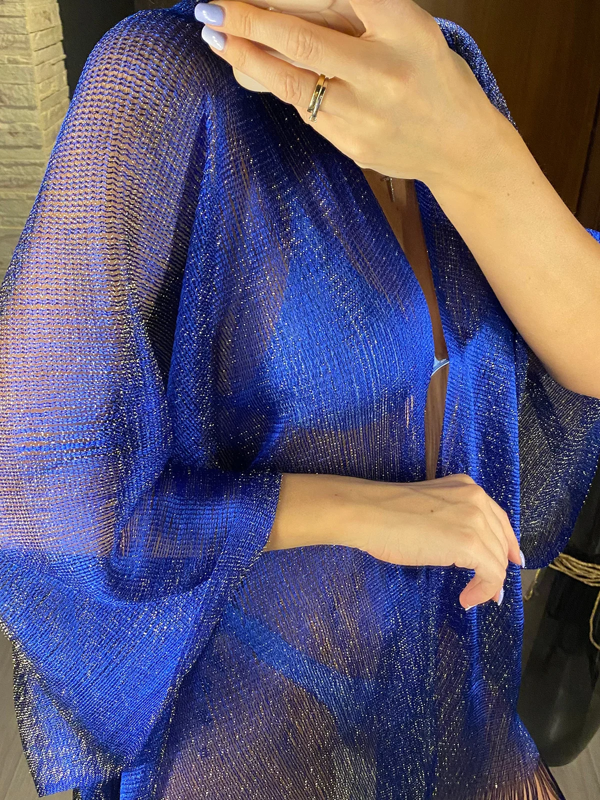 Sexy Fransen-Quasten-Netzstoff-Transparente Glänzende Strick-Tunika Strand-Überwurf Strandkleid Strandkleidung Damen V3321 – Detail 32