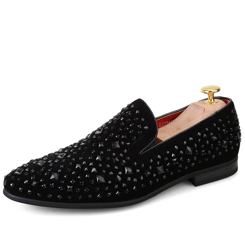 Dress Shoes for Men Luxury Pointed Toe Black Loafers Denim Metal Sequins Shoes Fashion High Quality Men Party Wedding Shoes