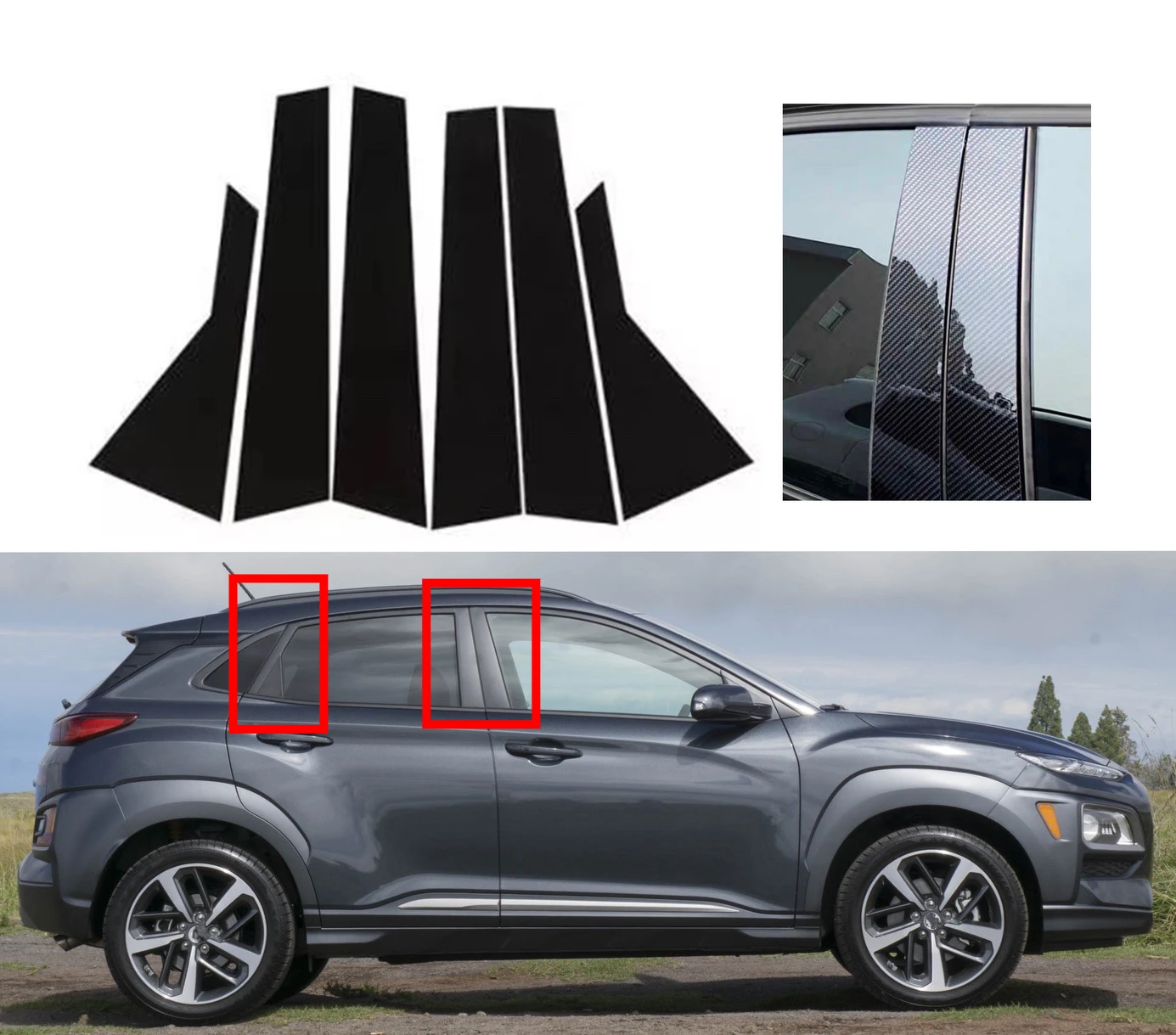 6PCS Glossy Black Pillar Post Fit For Hyundai Kona Encino Kauai 2018 2019 2020 2021 2022 2023 Window Trim Door  Cover Sticker