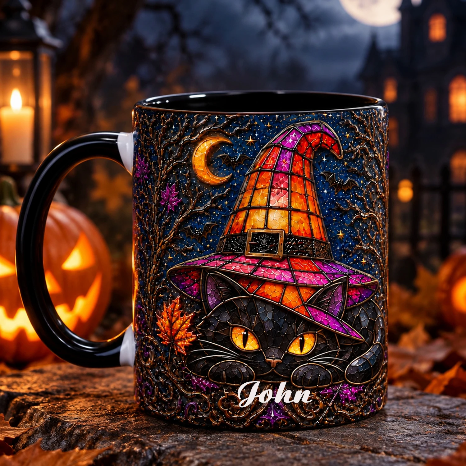 Halloween Stained Glass Ceramic Coffee Mug Witch Black Cat Pumpkin Skull Pattern Cup Holiday Gift Drinkware