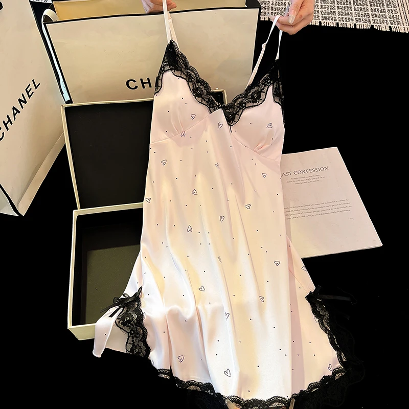 DAIMELU sexy nightgown women's summer high-quality soft ice silk pajamas with chest pads lace pure sleepwear female nightwear